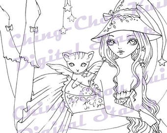 Intro Price- October Lullaby - Digital Stamp Instant Download / Animal Cat Kitty Moon Witch Fairy Girl Fantasy Line Art by Ching-Chou Kuik