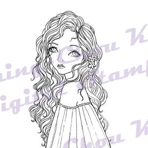 Spring Wanderer Instant Download Digital Stamp / Flower Coloring Art Fairy Modern Curly Girl by Ching-Chou Kuik image 1