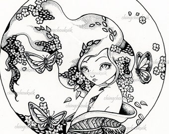 Spring Sakura - Digital Stamp Instant Download / Butterfly Oriental Japanese Flower Girl Lady Fantasy Art by Ching-Chou Kuik