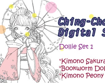 Dollie Set 1 - Instant Download Digital Stamp/ Bookworm Peony Sakura Fantasy Kimono Fairy Girl by Ching-Chou Kuik