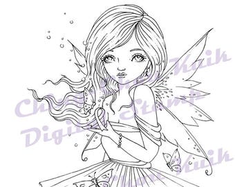 Believe in Faith - Digital Stamp Instant Download /Breast Cancer Awareness Ribbon Girl Fairy Fantasy Art by Ching-Chou Kuik