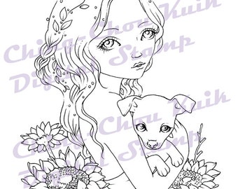 My Little Sunshine - Digital Stamps Instant Download / Animal Puppy Dog Sunflower Fantasy Fairy Girl Art by Ching-Chou Kuik