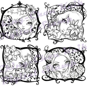 Digital Stamp Set of 4 Girl with Flower Images Instant Download / Rose Lily Sunflower Magnolia Pattern Line Art by Ching-Chou Kuik image 1