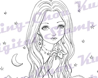 Nightfall - Instant Download Digital Stamp / Iris Sea Moon Star Coloring Line Art Fairy Girl by Ching-Chou Kuik