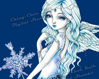 Northern Blessing - PRINTABLE Digital Stamp Instant Download / Winter Snowflake Girl Fantasy Line Art by Ching-Chou Kuik