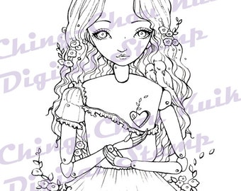 Awaken - Instant Download Digital Stamp / Love Heart Flower Leaf Life Fantasy Coloring Line Art Fairy Puppet Girl by Ching-Chou Kuik