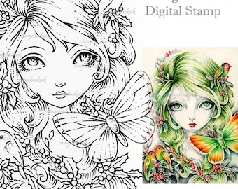 Crimson Holly - Digital Stamp Instant Download / Bird Butterfly Christmas Fantasy Art by Ching-Chou Kuik