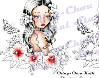 Aloha, Lady  - PRINTABLE Instant Download Digital Stamp / Hawaii Butterfly Hibiscus Plumeria Fairy Girl Art by Ching-Chou Kuik