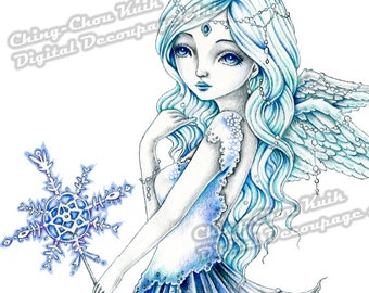 Pre-Colored- Nothern Blessing -Instant Download Digital Colored Decoupage Art / Snowflake Winter Angel Fantasy Fairy Girl by Ching-Chou Kuik