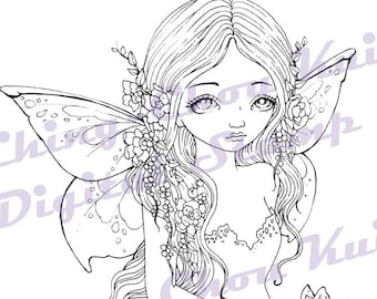 Summer Goddess - Digital Stamp Instant Download / Insect Butterfly Flower Fairy Fantasy Line Art by Ching-Chou Kuik