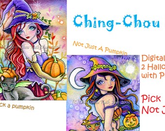 Digital Stamp Set of 2 Halloween Pumpkin Witch Images - Instant Download / Kitten Kitty Cat Fantasy Mermaid Fairy Art by Ching-Chou Kuik