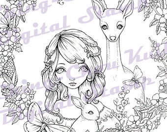 Wreath of Nature - Instant Download / Christmas Pinecone Butterfly Deer Bunny Rabit Fantasy Girl Art by Ching-Chou Kuik