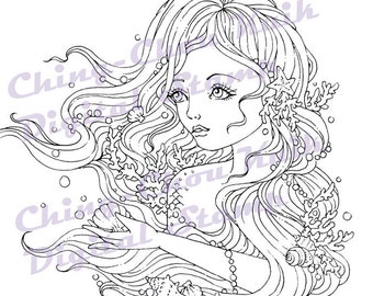 Endless Waiting - Instant Download Digital Stamp / Coral Seashell Pearl Fantasy Mermaid Fairy Girl by Ching-Chou Kuik