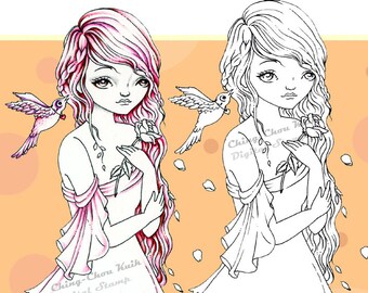 Love Message - Digital Stamp PRINTABLE Coloring Page Instant Download / Rose Heart Bird Girl Fantasy Art by Ching-Chou Kuik