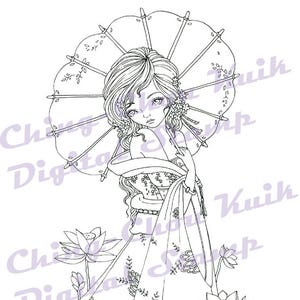 Lotus In June - Digital Stamp Instant Download /Japanese Umbrella Flower Girl Lady Fantasy Art by Ching-Chou Kuik