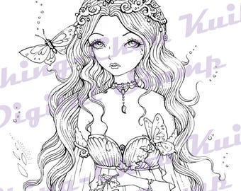 Spring Charm - Instant Download Digital Stamp / Flower Coloring Art Goddess Fairy Girl by Ching-Chou Kuik