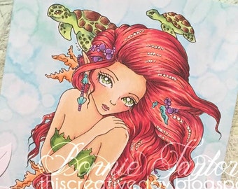 Flow Followers- Instant Download Digital Stamp / Mermaid Coral Sea Turtle Fantasy Big Eye fairy Girl by Ching-Chou Kuik