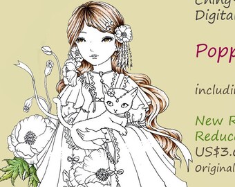 Intro Price-Poppy In Summer- Digital Digi Stamp Instant Download / Cat Kitten Flower Kimono Fairy Girl Fantasy Art by Ching-Chou Kuik