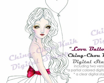 Love Balloon - Instant Download Digital Stamp Coloring Page/ Heart Shape Valentine Girl Fantasy Art by Ching-Chou Kuik