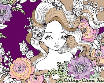 Twilight Garden - Digital Stamp PRINTABLE Instant Download / Butterfly Flora Flower Fairy Fantasy Line Art by Ching-Chou Kuik