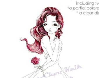 A Rose For You- Coloring Page PRINTABLE Instant Download Digital Stamp/Valentine Love Flower Flora Girl Art by Ching-Chou Kuik