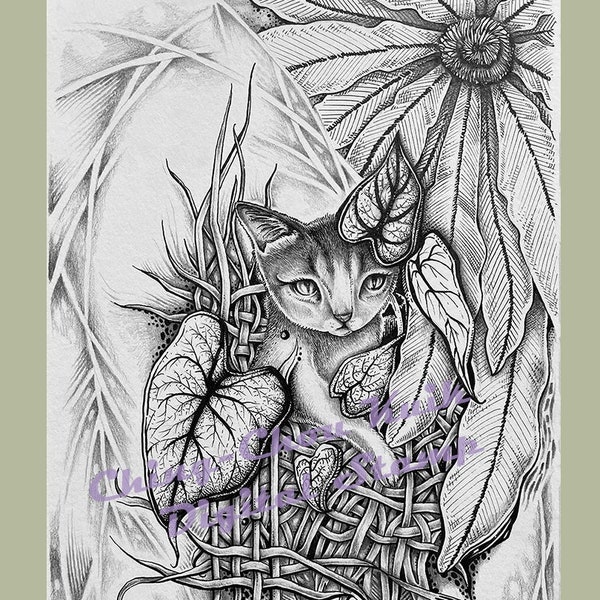 Breaking Through- Greyscale PRINTABLE Instant Download Digital Stamp/Animal Cat Kitten Plant Rattan Art by Ching-Chou Kuik