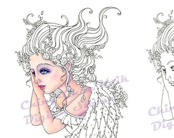 Longing For- PRINTABLE Instant Download Digital Stamp Coloring Page / Flower Angel Goddess Fairy Girl Art by Ching-Chou Kuik