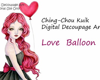 Love Balloon - Instant Download Digital Colored Decoupage Art / Fantasy Art Valentine Fairy Girl by Ching-Chou Kuik