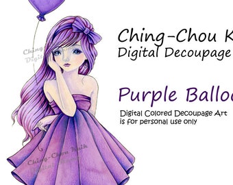 Purple Balloon - Instant Download Digital Colored Decoupage Art / Fantasy Art Valentine Fairy Girl by Ching-Chou Kuik