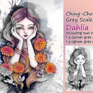 Dahlia Grey scale PRINTABLE Instant Download Coloring Page Digital Stamp /Flower Girl Fantasy Art by Ching-Chou Kuik image 1