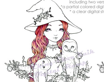 Owlie Companion- Coloring Page PRINTABLE Instant Download Digital Stamp/ Owl Witch Halloween Fairy Art by Ching-Chou Kuik