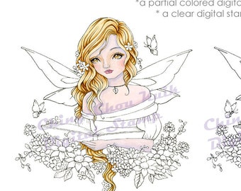 Spring Bookworm- Instant Download Digital Stamp Coloring Page/ Flower Butterfly Book Fairy Girl Fantasy Art by Ching-Chou Kuik