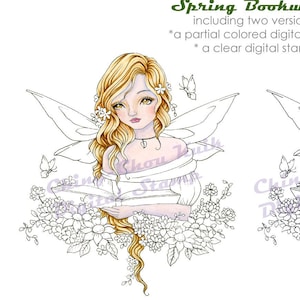 Spring Bookworm Instant Download Digital Stamp Coloring Page/ Flower Butterfly Book Fairy Girl Fantasy Art by Ching-Chou Kuik image 1