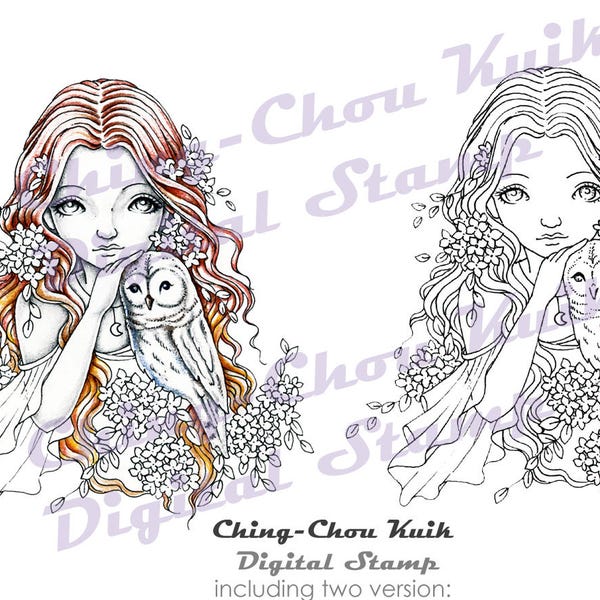 Owlie - Digital Stamp PRINTABLE Coloring Page Instant Download / Owl Hydrangea Flower Girl Fantasy Line Art by Ching-Chou Kuik