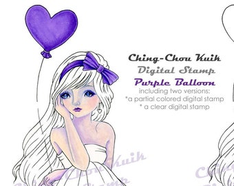 Purple Balloon - Instant Download Digital Stamp Coloring Page/ Heart Shape Valentine Bow Girl Fantasy Art by Ching-Chou Kuik