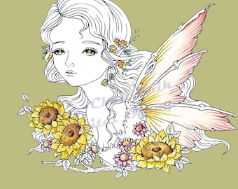 Embrace The Sunshine- Coloring Page PRINTABLE Instant Download Digital Stamp/Sunflower Daisy Fairy Lady Art by Ching-Chou Kuik