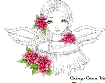 Poinsettia In December - Instant Download Coloring Page/ Christmas Xmas Holiday Fantasy Fairy Angel Girl Art by Ching-Chou Kuik