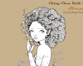 Strength- Coloring Page PRINTABLE Instant Download Digital Stamp/ Plant Ivy Power Afro Girl Fairy Art by Ching-Chou Kuik