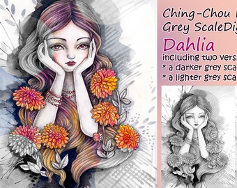 Dahlia -Grey scale PRINTABLE Instant Download Coloring Page Digital Stamp /Flower Girl Fantasy Art by Ching-Chou Kuik