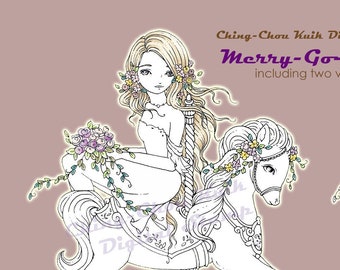 Merry Go Round-Coloring Page PRINTABLE Instant Download Digital Stamp/ Horse Carousel Flower Girl Lady Art by Ching-Chou Kuik