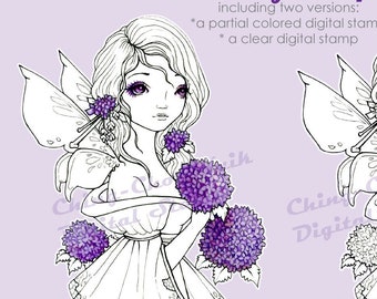 Luxury Purple-Coloring Page PRINTABLE Instant Download Digital Stamp/Hydrangea Flower Kimono Aisian Girl Art by Ching-Chou Kuik