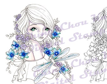 Hello Dragonfly - PRINTABLE Instant Download Digital Stamp / Flora Flower Insect Animal Fairy Faery Girl Art by Ching-Chou Kuik