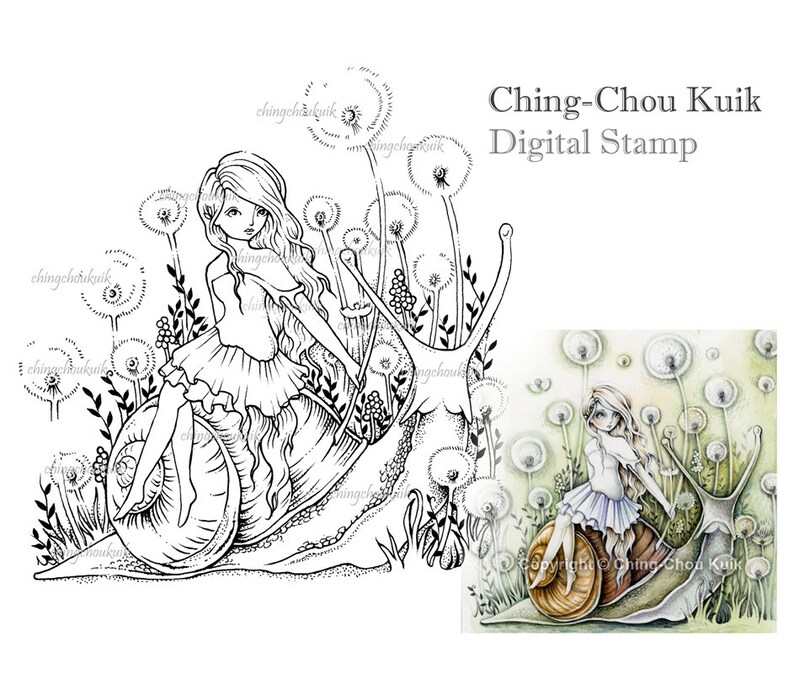 Dandelion Field Digital Stamp Instant Download / Fantasy Art by Ching-Chou Kuik image 1