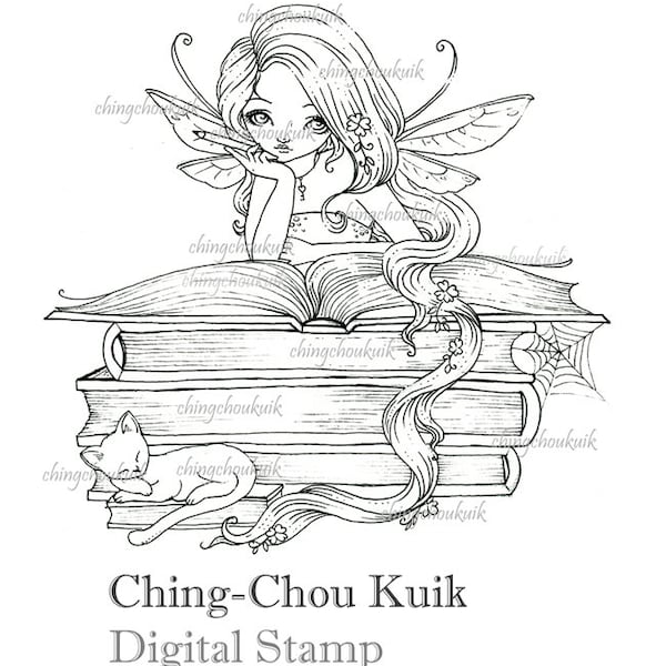 Lil Bookworm Fairy - Digital Stamp Instant Download / Book Cat animal Lil Sweetie Mia fairy by Ching-Chou Kuik