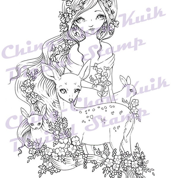 Spring Delight - Digital Stamp Instant Download / Forest Animal Deer Rabbit Bunny Flower Fantasy Fairy Girl by Ching-Chou Kuik