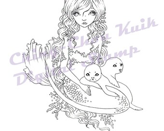 Sweet Snuggling - Digital Digi Stamp Instant Download / Seal Mermaid Snow Ice Coral Ocean Fantasy Fairy Girl Art by Ching-Chou Kuik