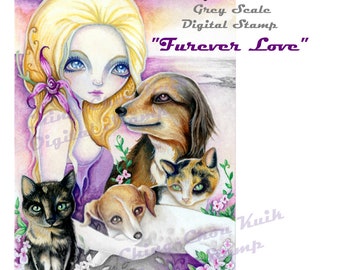 Furever Love - Grey Scale Digital Stamp- PRINTABLE Instant Download/ Portrait Animal Dog Cat Fairy Girl Art by Ching-Chou Kuik