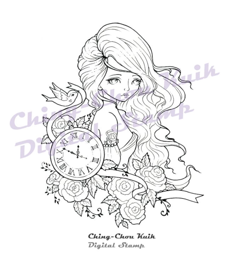 Time Flies Instant Download / Tattoo Watch Clock Bird Dove Rose Ribbon Fantasy Fairy Girl Art by Ching-Chou Kuik image 1