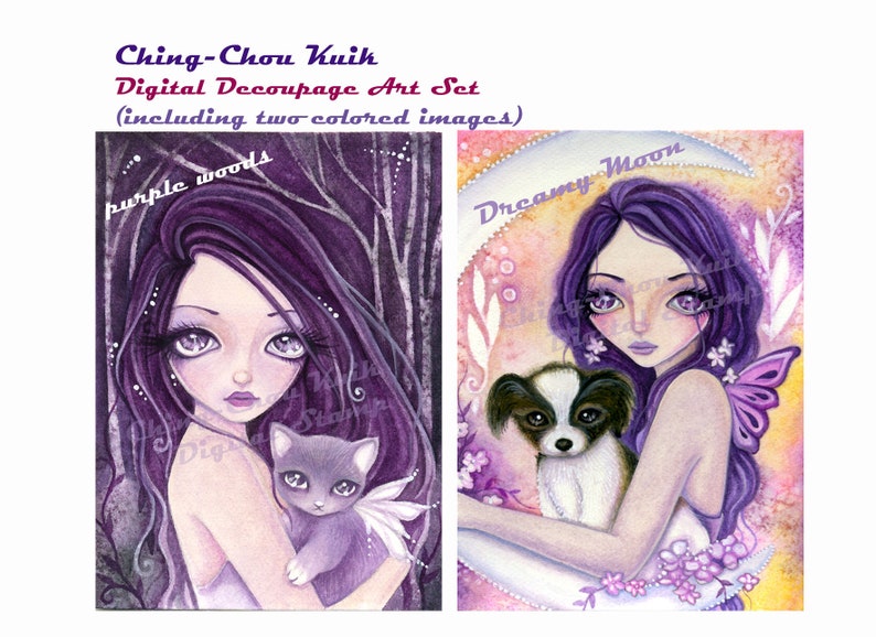 Pre-Colored Kitten and Puppy Set 1 Instant Download Hand Painted Digital Decoupage Art / Fantasy Cat Dog Fairy Girl by Ching-Chou Kuik image 1