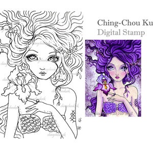 Purple Iris Digital Stamp Instant Download / Flower Flora Ocean Mermaid Fairy Girl Fantasy Art by Ching-Chou Kuik image 1